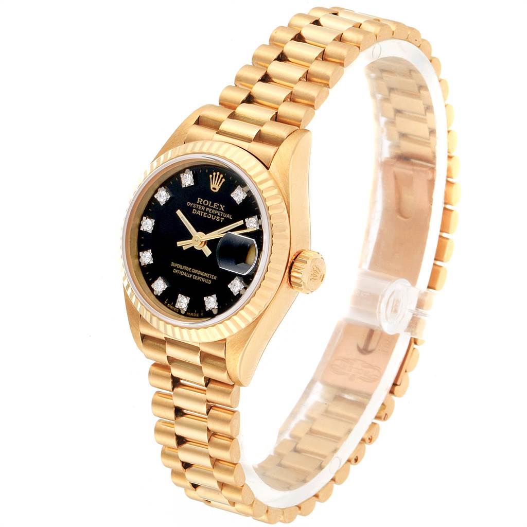 This image shows a 3/4 angled view of a Rolex President 69178 Women's Yellow Gold Black Dial 69178 Women's Yellow Gold Black Dial model watch, displaying the dial, bezel, crown, and bracelet.
