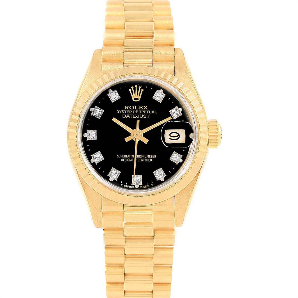 This image shows a frontal view of a Rolex President 69178 Women's Yellow Gold Black Dial 69178 Women's Yellow Gold Black Dial model watch, highlighting its black dial, gold bracelet, and date display.