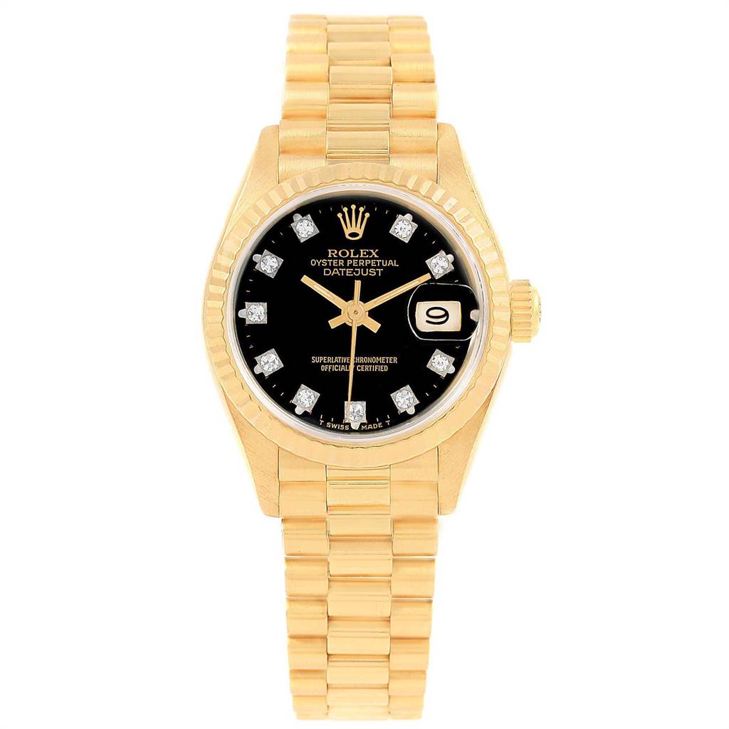 The image shows a frontal view of the Rolex President 69178 Women's Yellow Gold Black Dial 69178 Women's Yellow Gold Black Dial model watch, highlighting the dial, bezel, bracelet, and date display.