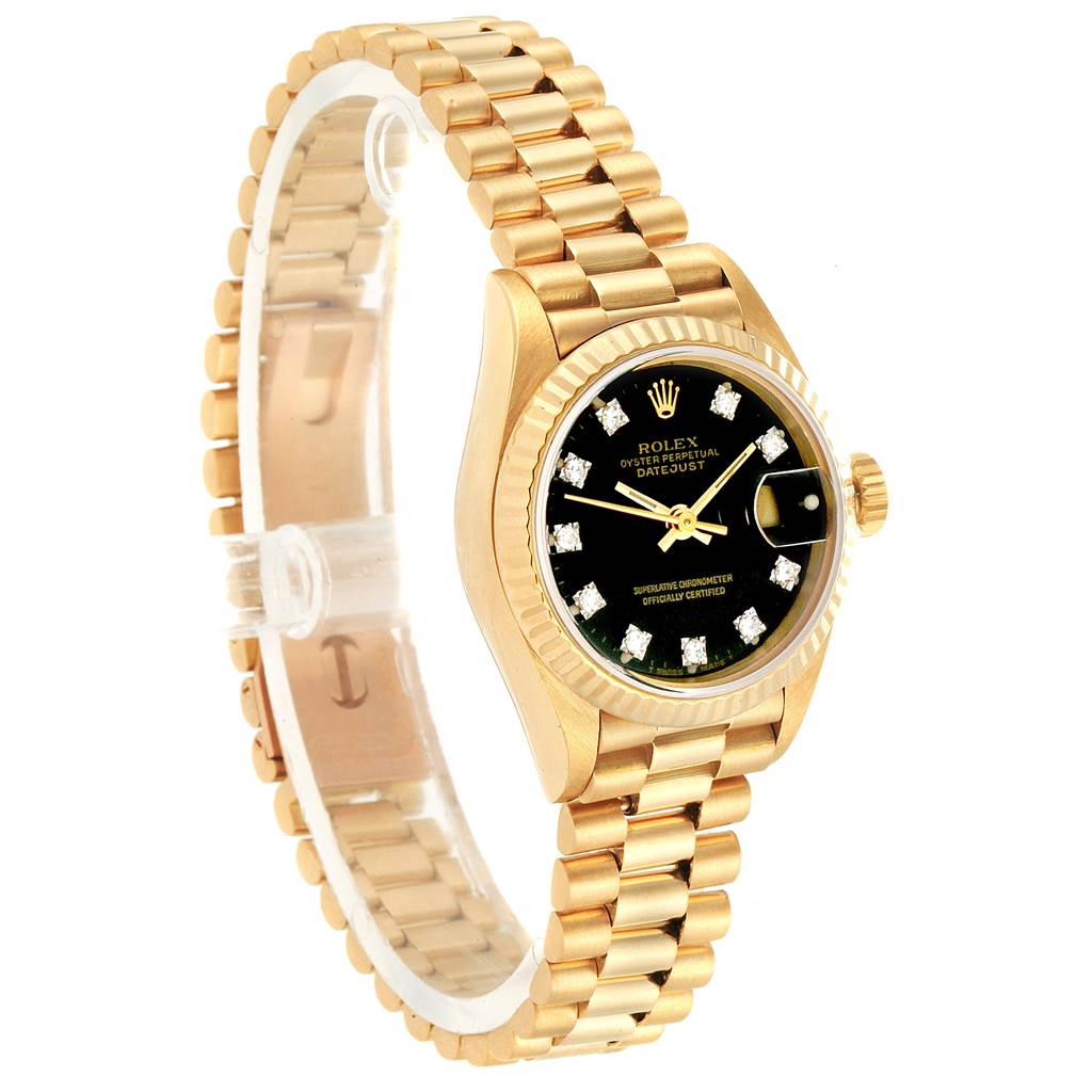 This image shows a side angle of a Rolex President 69178 Women's Yellow Gold Black Dial 69178 Women's Yellow Gold Black Dial watch, highlighting the gold case, black dial, and diamond hour markers.