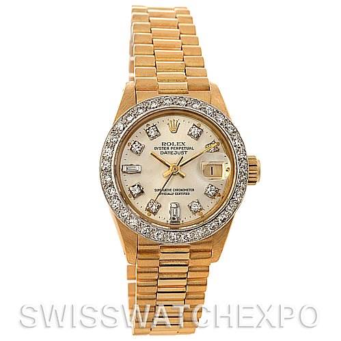 This image shows a frontal view of a Rolex President 6917 Women's Yellow Gold  6917 Women's Yellow Gold  model watch, featuring its face, bezel, and part of the band.