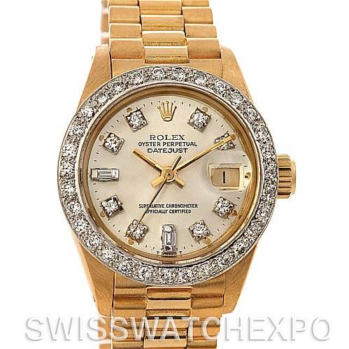 This image shows a front view of a Rolex President 6917 Women's Yellow Gold  6917 Women's Yellow Gold  model watch, highlighting the dial, bezel, and bracelet.