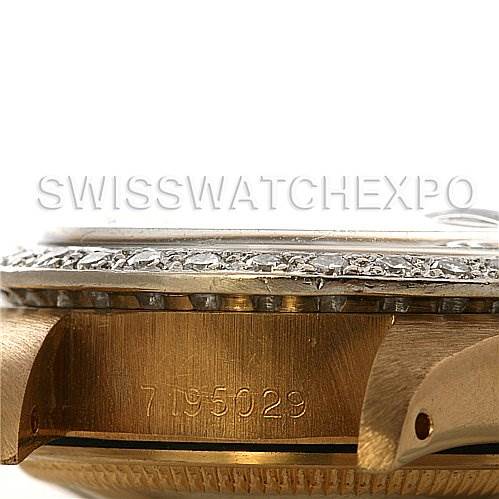 The image shows a close-up side view of the case and bezel of a Rolex President 6917 Women's Yellow Gold  6917 Women's Yellow Gold  model, highlighting the serial number and diamond-studded bezel.