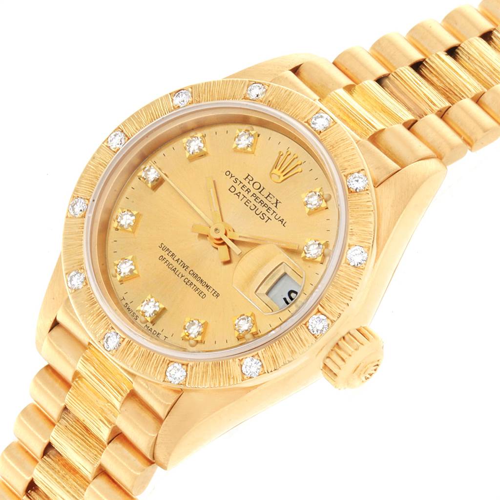 This image shows a close-up angle of the Rolex President 69288 Women
s Yellow Gold Champagne Dial 69288 Women
s Yellow Gold Champagne Dial model watch, highlighting its dial, bezel, and bracelet.