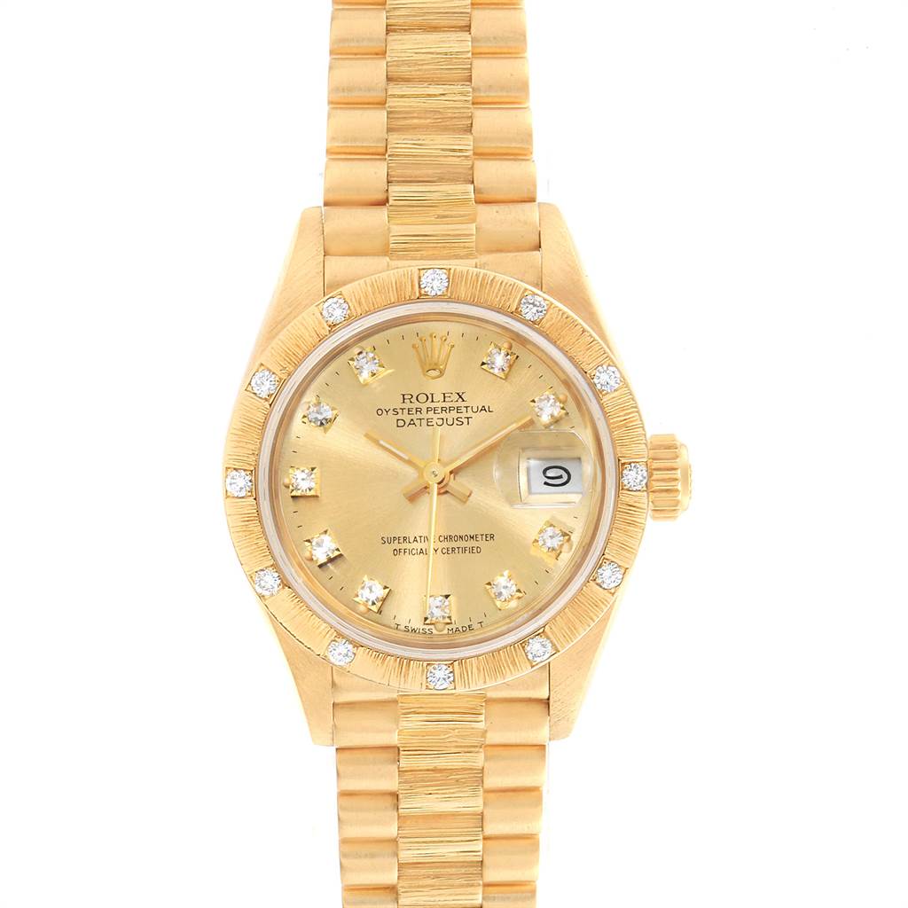 The image shows a Rolex President 69288 Women
s Yellow Gold Champagne Dial 69288 Women
s Yellow Gold Champagne Dial model watch from a front angle, displaying the dial, bezel, crown, and bracelet.