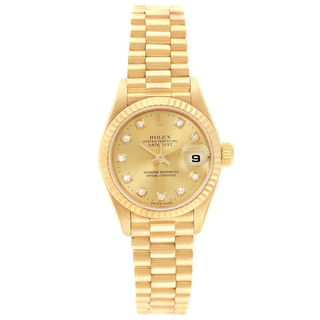 The Rolex President 69178 Women
s Yellow Gold Champagne Dial 69178 Women
s Yellow Gold Champagne Dial model is shown from the front, displaying the bracelet, dial, date window, and markers.