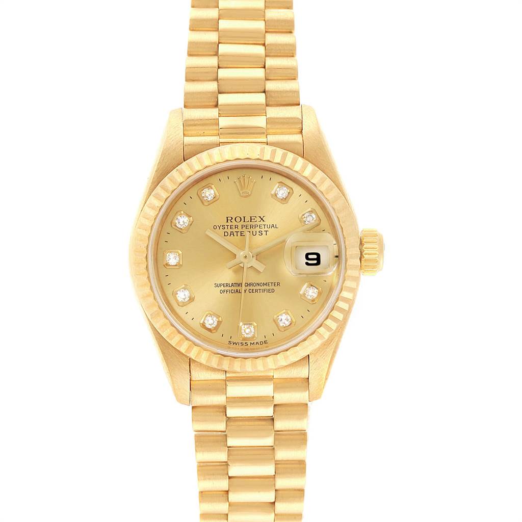 The image shows a Rolex President 69178 Women
s Yellow Gold Champagne Dial 69178 Women
s Yellow Gold Champagne Dial model watch from the front, including the dial, date window, and bracelet.