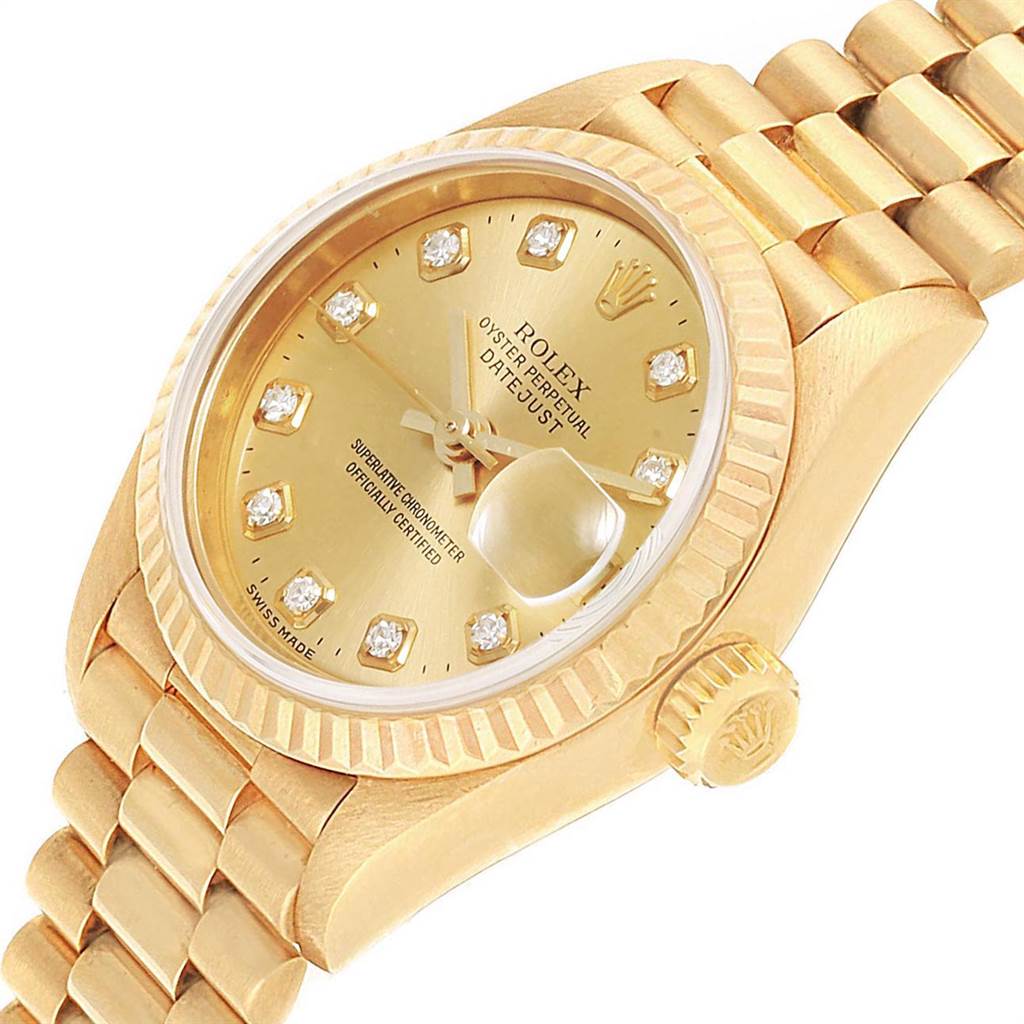 This image shows a close-up angle of the Rolex President 69178 Women
s Yellow Gold Champagne Dial 69178 Women
s Yellow Gold Champagne Dial model watch, highlighting the gold case, bracelet, and diamond markers on the dial.