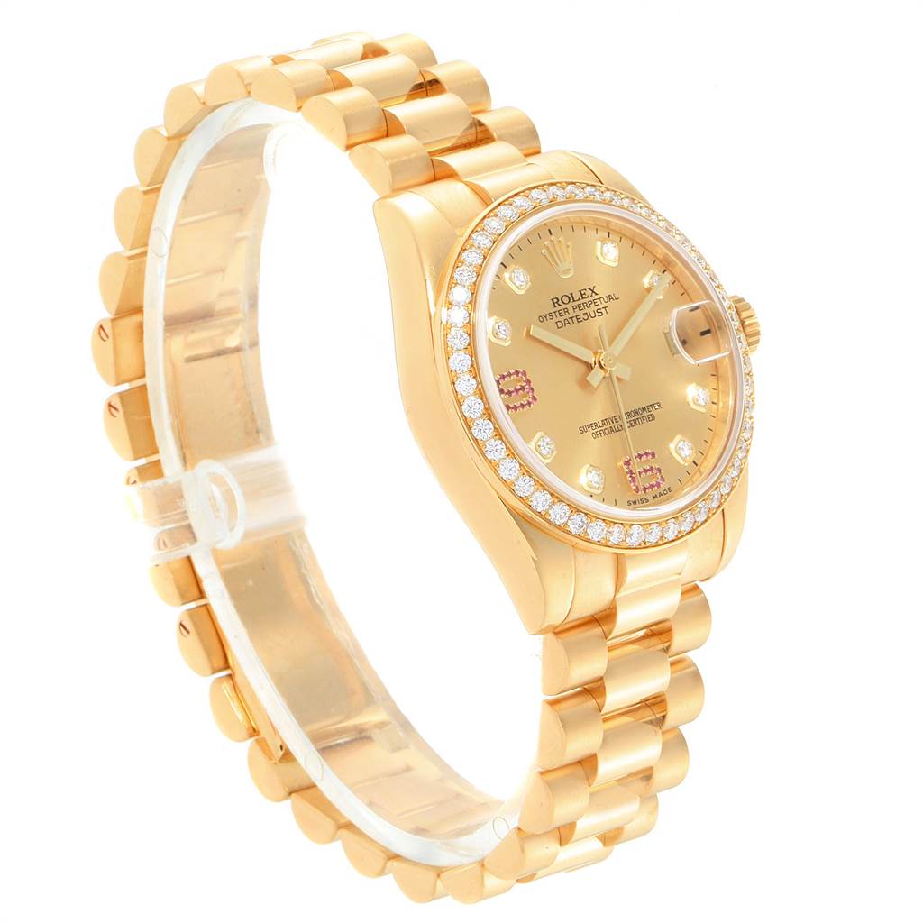 This Rolex President 178288 Women
s Yellow Gold Champagne Dial 178288 Women
s Yellow Gold Champagne Dial model watch is shown from a side angle, displaying the bracelet, bezel, dial, and crown.