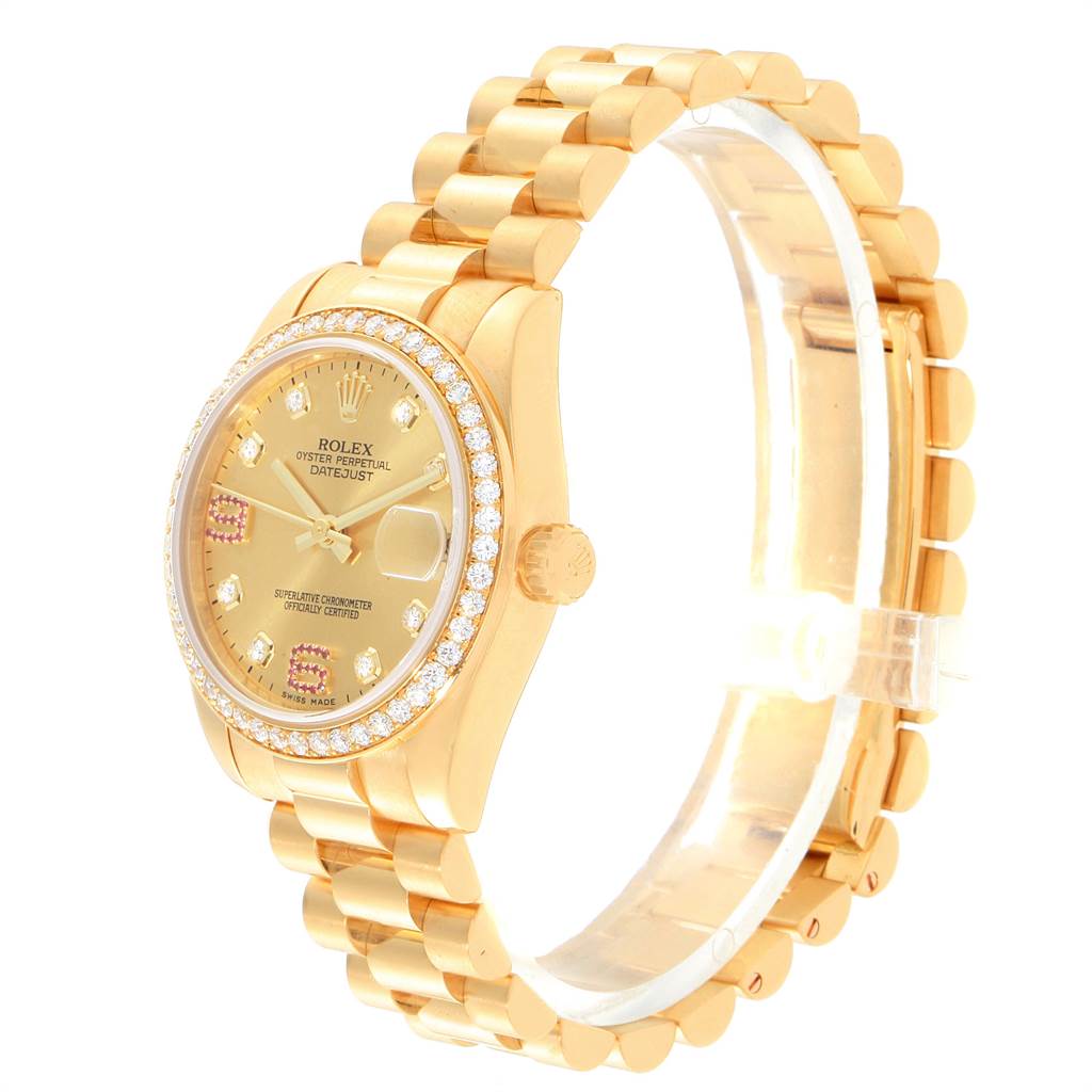 The Rolex President 178288 Women
s Yellow Gold Champagne Dial 178288 Women
s Yellow Gold Champagne Dial model watch is shown at a slight angle from the front, displaying the dial, bezel, and bracelet.
