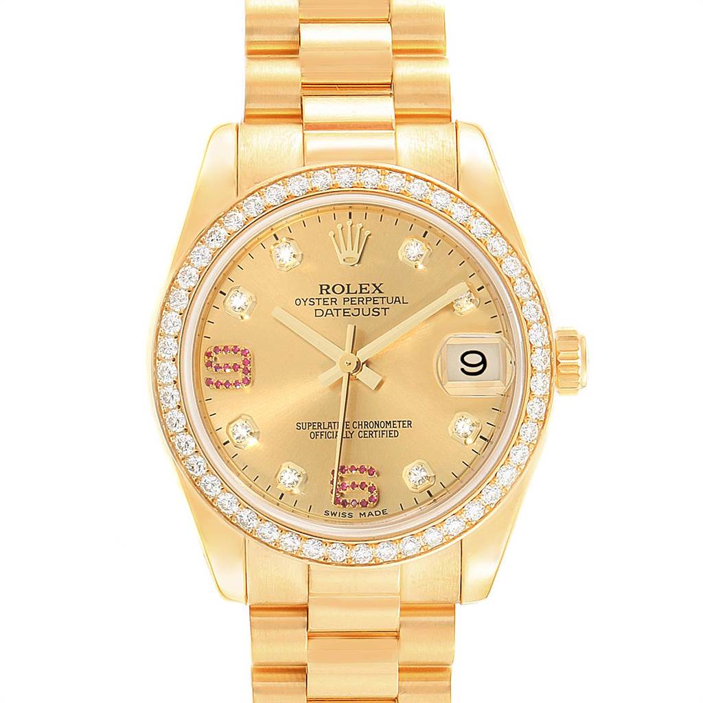 This image shows a front view of a Rolex President 178288 Women
s Yellow Gold Champagne Dial 178288 Women
s Yellow Gold Champagne Dial model watch with a gold band and a diamond-encrusted bezel.