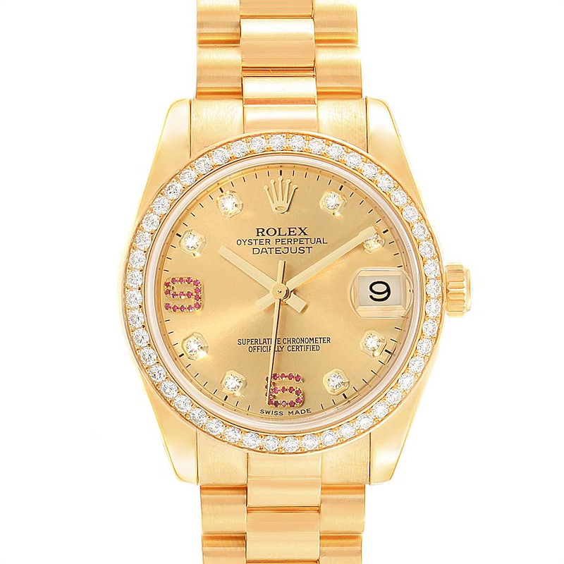 Rolex President 31 Midsize Yellow Gold Diamond Ruby Ladies Watch 178288 SwissWatchExpo