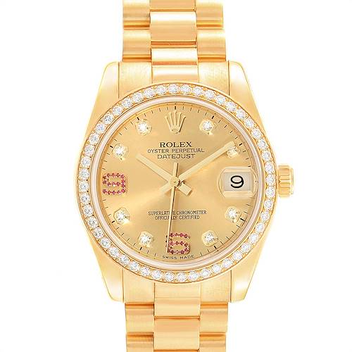 Photo of Rolex President 31 Midsize Yellow Gold Diamond Ruby Ladies Watch 178288