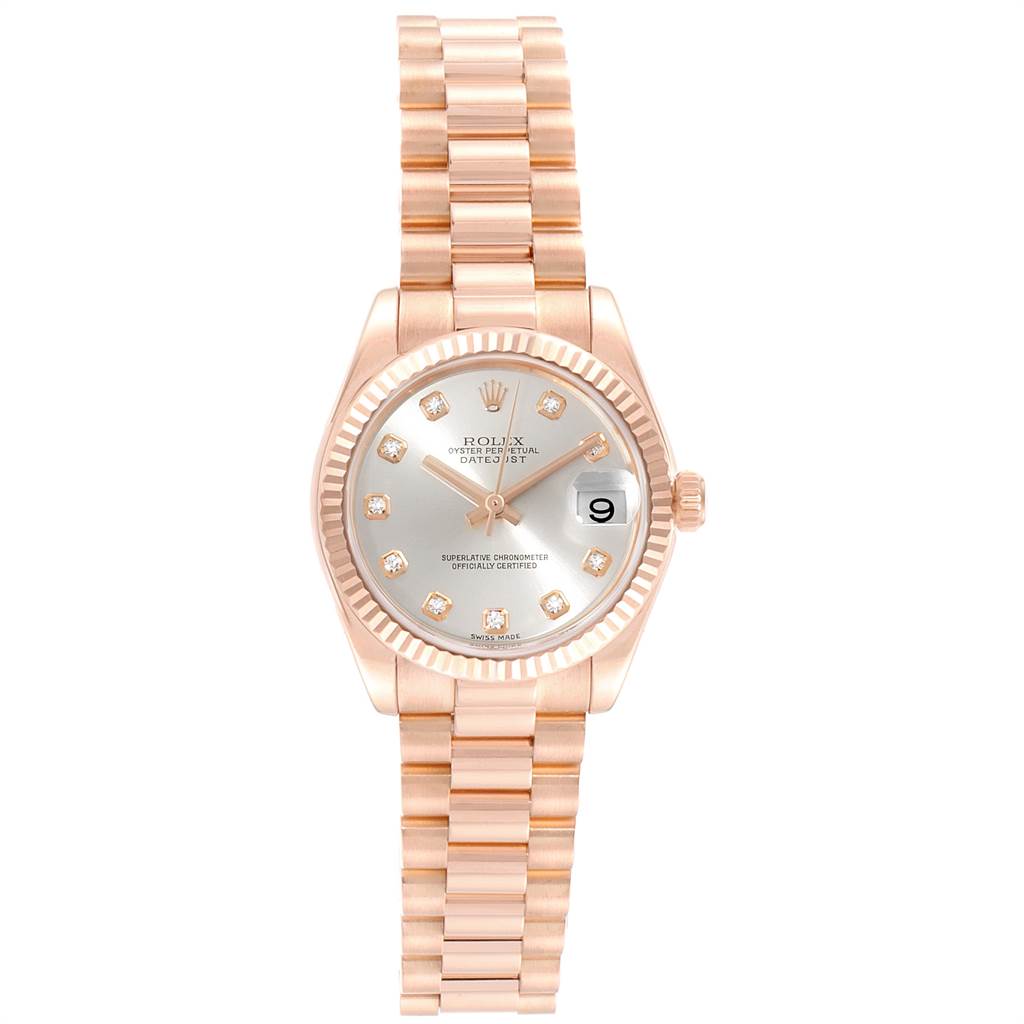 The image shows a front view of a Rolex President 178275 Women's Rose Gold Silver Dial 178275 Women's Rose Gold Silver Dial model watch featuring a rose gold bracelet and diamond markers on the dial.