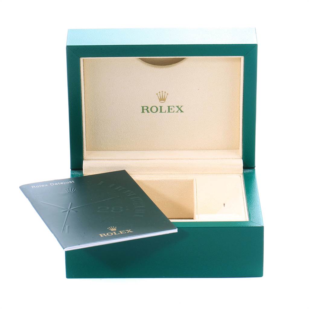 The image shows a green Rolex President 178275 Women's Rose Gold Silver Dial 178275 Women's Rose Gold Silver Dial watch box with the lid open, revealing an empty compartment and an instruction booklet.