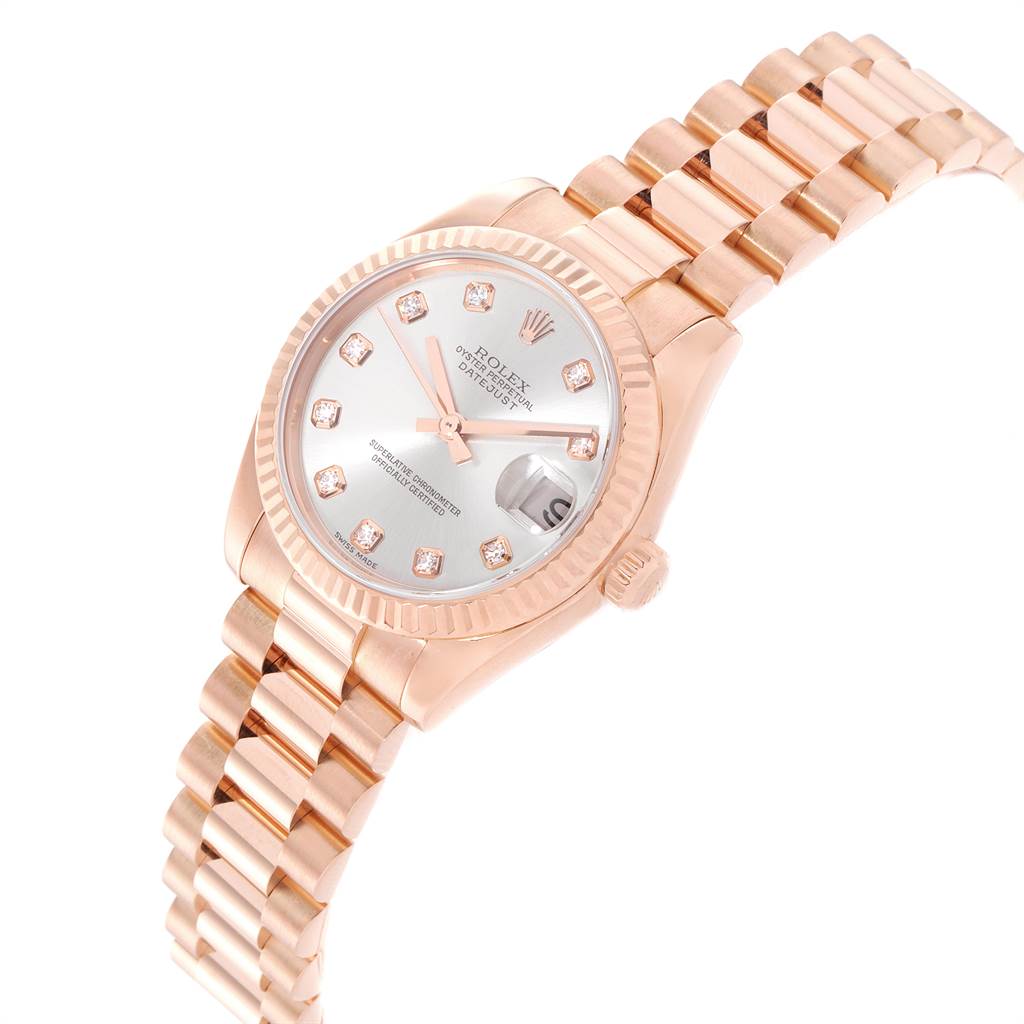 The Rolex President 178275 Women's Rose Gold Silver Dial 178275 Women's Rose Gold Silver Dial model watch is shown at a slight angle, highlighting the dial, bezel, and bracelet.