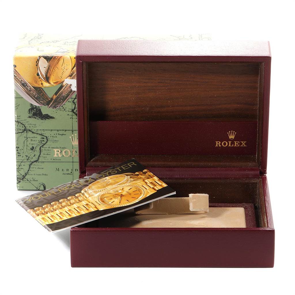 The image shows an open Rolex President 68278 Women's Yellow Gold Silver Dial 68278 Women's Yellow Gold Silver Dial model watch box with an outer box and a brochure inside.