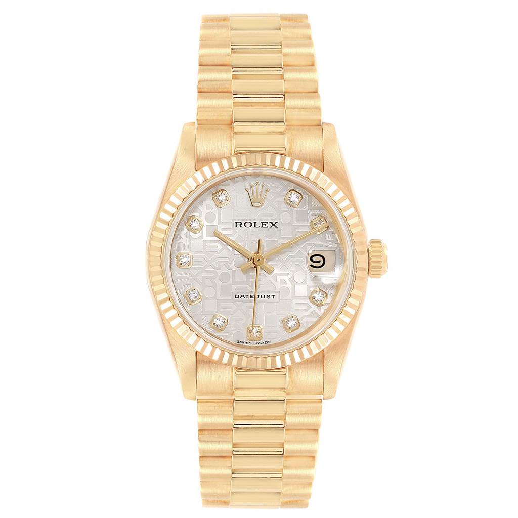 The image shows a front view of a Rolex President 68278 Women's Yellow Gold Silver Dial 68278 Women's Yellow Gold Silver Dial model watch, highlighting its dial, bezel, bracelet, and crown.