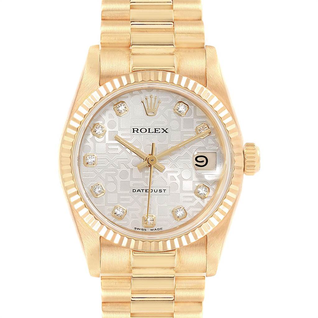 This image shows the front view of a Rolex President 68278 Women's Yellow Gold Silver Dial 68278 Women's Yellow Gold Silver Dial model watch, highlighting its dial, bezel, and bracelet.