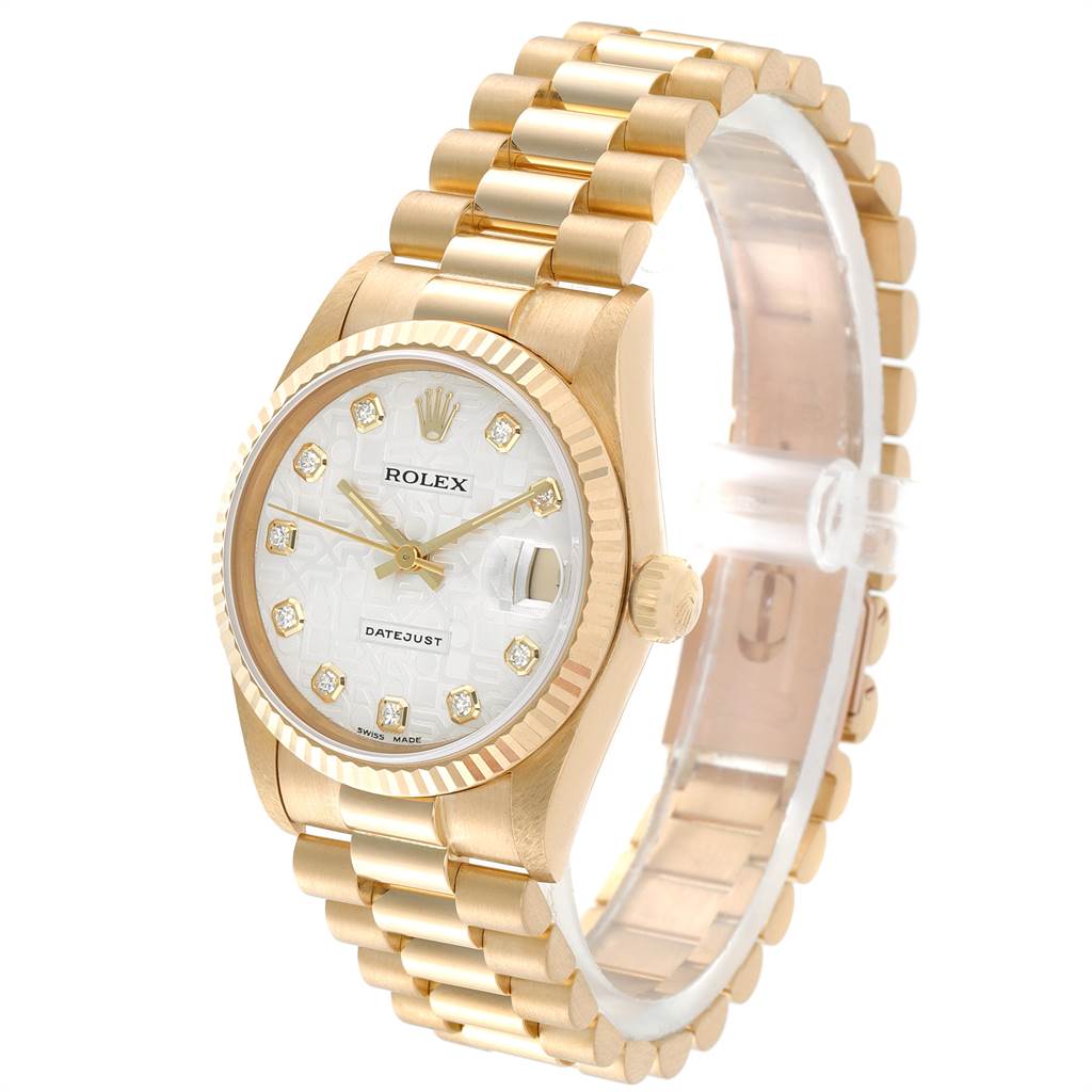 The image shows a gold Rolex President 68278 Women's Yellow Gold Silver Dial 68278 Women's Yellow Gold Silver Dial model watch at a three-quarter angle, displaying the face, bezel, bracelet, and crown.