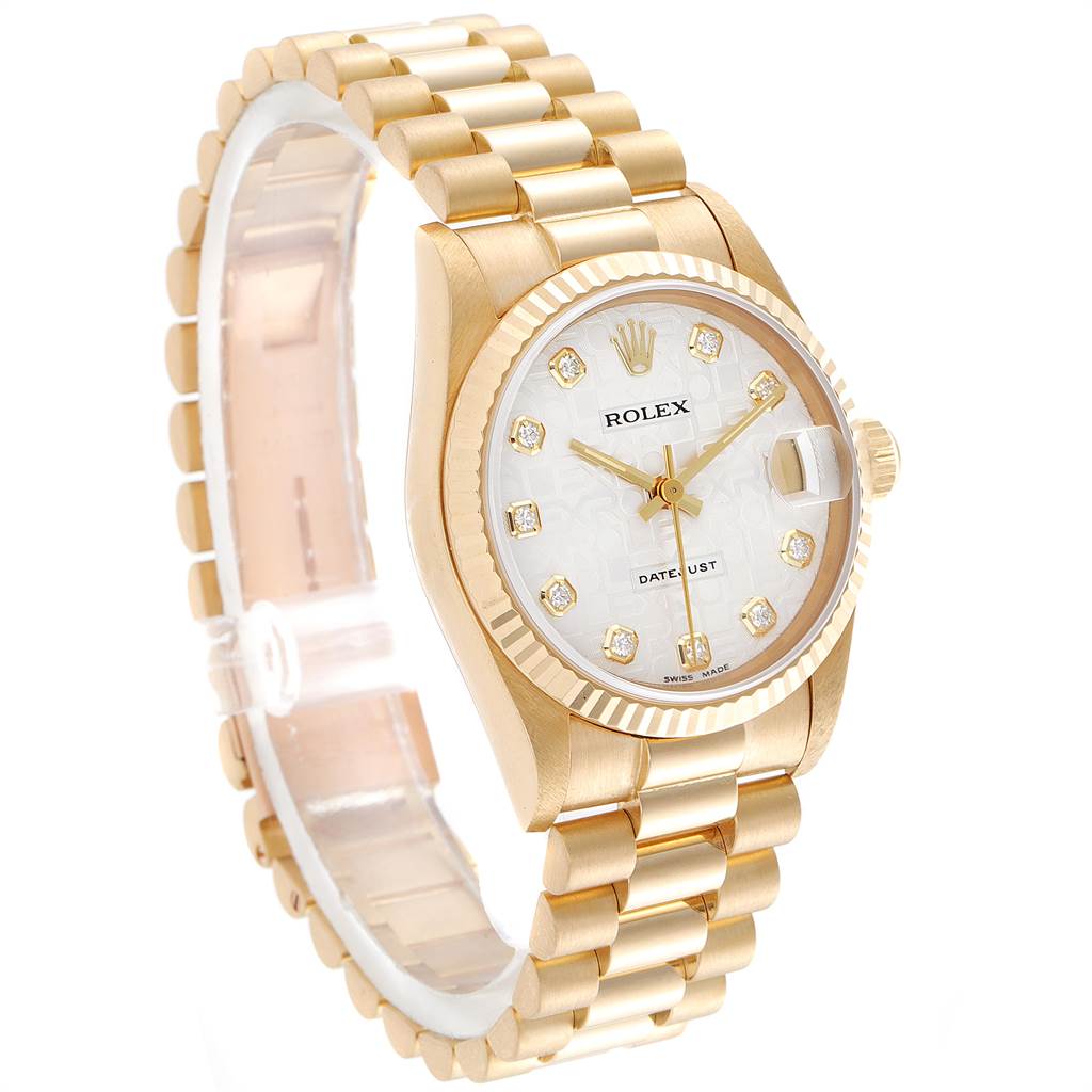 The image shows a Rolex President 68278 Women's Yellow Gold Silver Dial 68278 Women's Yellow Gold Silver Dial model watch displaying the face, bezel, crown, and bracelet, viewed from an angle.