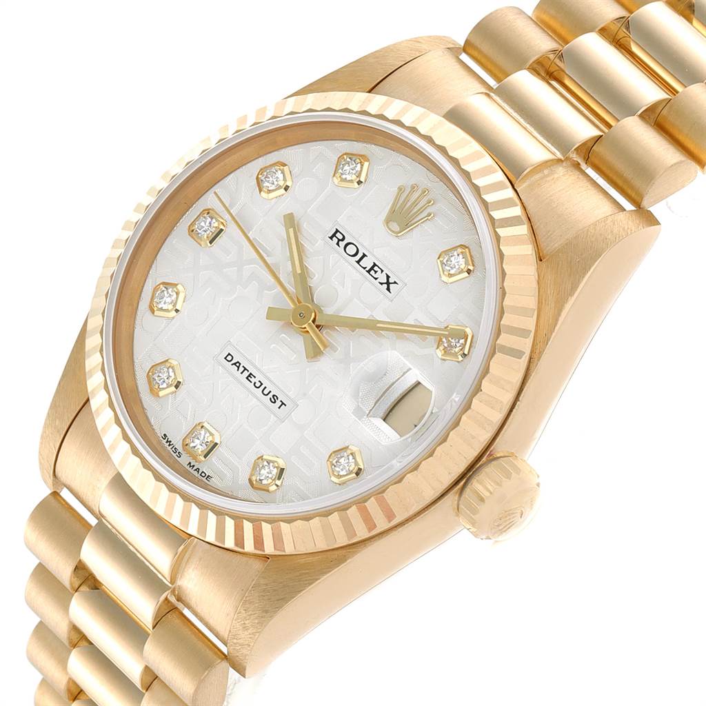 This image shows a close-up angled view of the Rolex President 68278 Women's Yellow Gold Silver Dial 68278 Women's Yellow Gold Silver Dial Datejust watch, highlighting the face, bezel, crown, and bracelet.