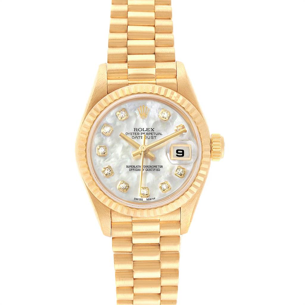 This is a top view of a Rolex President 79178 Women
s Yellow Gold Mother of Pearl Dial 79178 Women
s Yellow Gold Mother of Pearl Dial model, showcasing its entire face, bracelet, and crown.