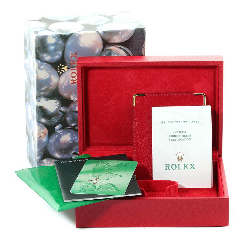 The image shows the packaging and accessories, including warranty cards and manuals, for the Rolex President 79178 Women
s Yellow Gold Mother of Pearl Dial 79178 Women
s Yellow Gold Mother of Pearl Dial model.