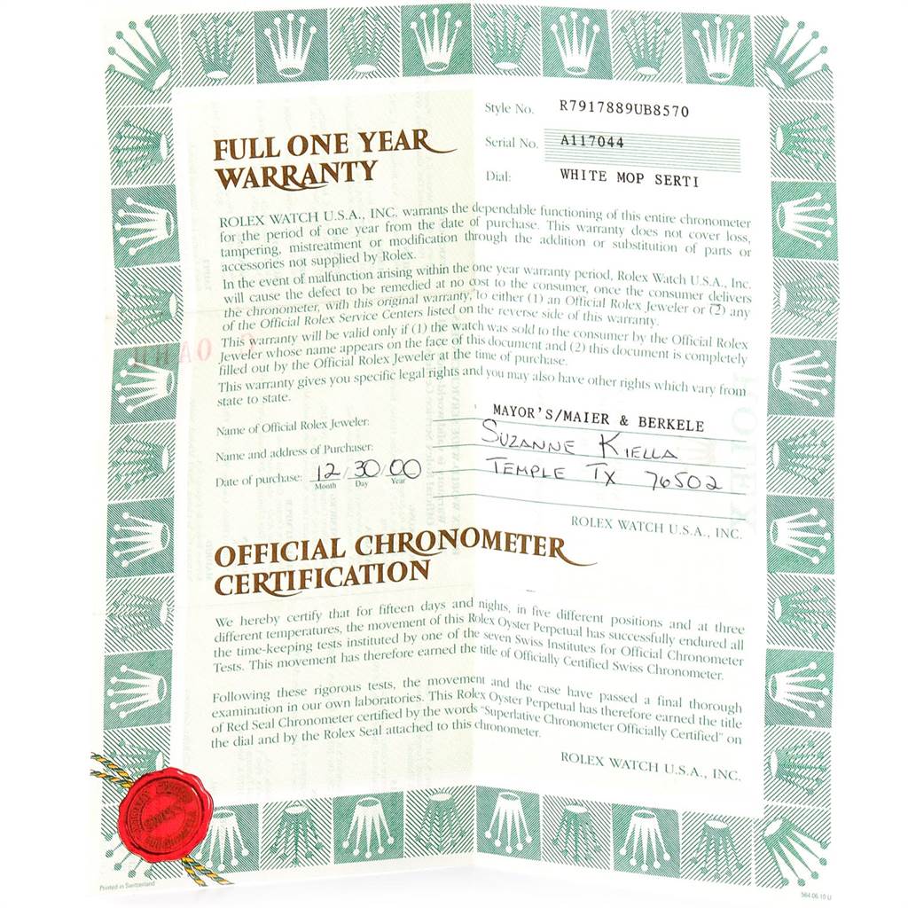 The image shows the official warranty and chronometer certification for a Rolex President 79178 Women
s Yellow Gold Mother of Pearl Dial 79178 Women
s Yellow Gold Mother of Pearl Dial model watch.