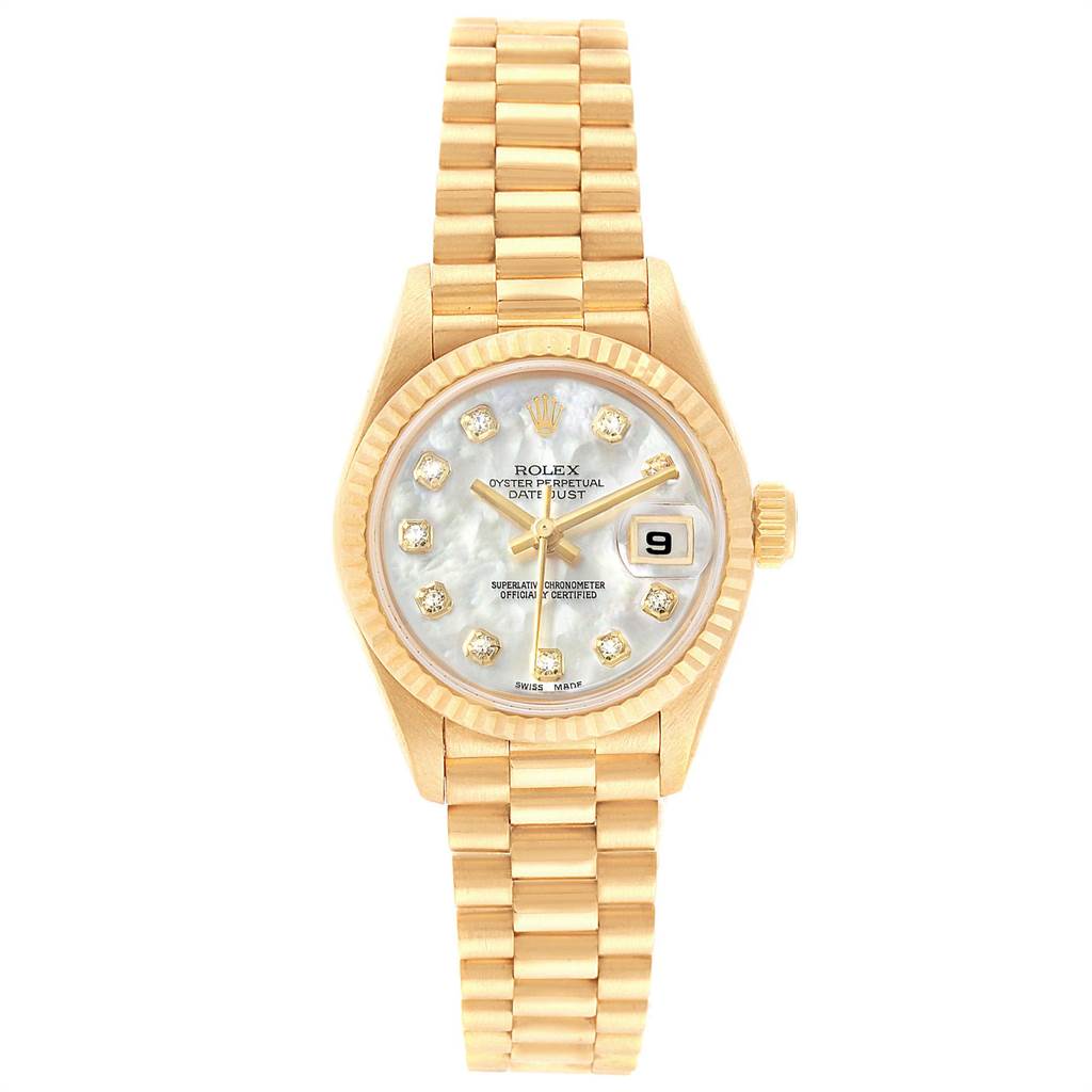 The image shows a frontal view of a Rolex President 79178 Women
s Yellow Gold Mother of Pearl Dial 79178 Women
s Yellow Gold Mother of Pearl Dial model watch, featuring a gold bracelet and diamond hour markers.
