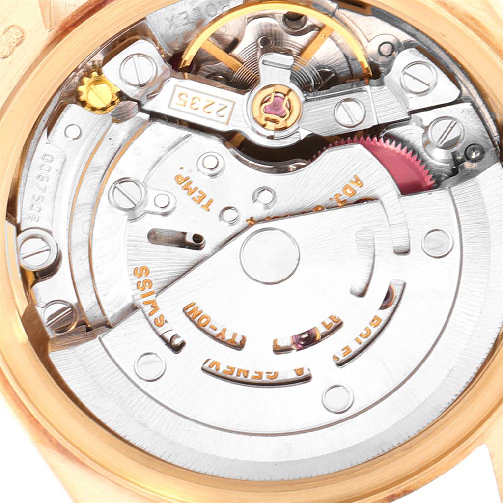 The image shows the movement and internal mechanics of a Rolex President 79178 Women
s Yellow Gold Mother of Pearl Dial 79178 Women
s Yellow Gold Mother of Pearl Dial model watch, viewed from the back.