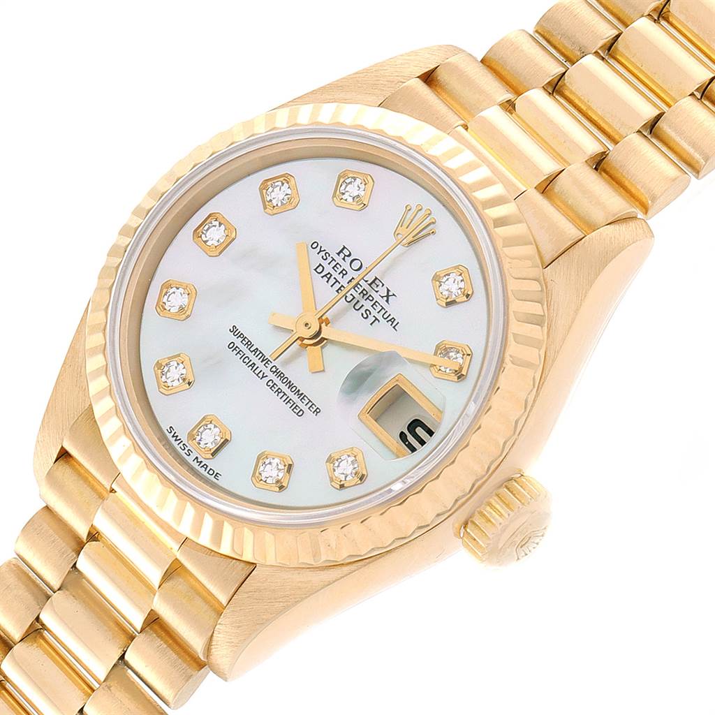 The image shows a close-up view of a Rolex President 79178 Women
s Yellow Gold Mother of Pearl Dial 79178 Women
s Yellow Gold Mother of Pearl Dial model watch featuring the watch face, band, and crown.