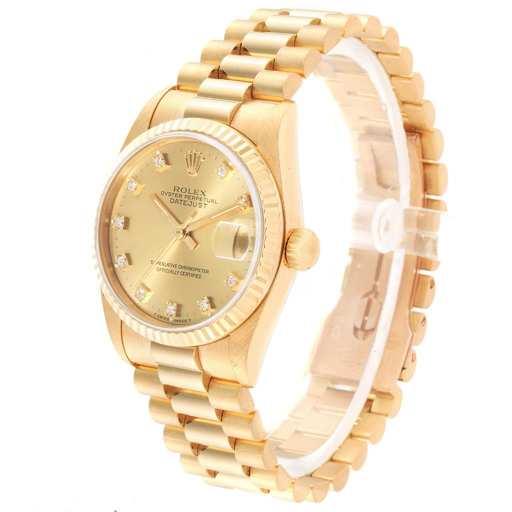 The image shows the Rolex President 68278 Women
s Yellow Gold Champagne Dial 68278 Women
s Yellow Gold Champagne Dial model watch at a slight angle, highlighting the face, bezel, and bracelet.