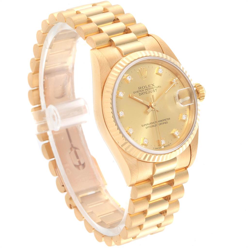 The image shows a Rolex President 68278 Women
s Yellow Gold Champagne Dial 68278 Women
s Yellow Gold Champagne Dial model watch at a slight side angle, displaying the watch face, band, and crown.