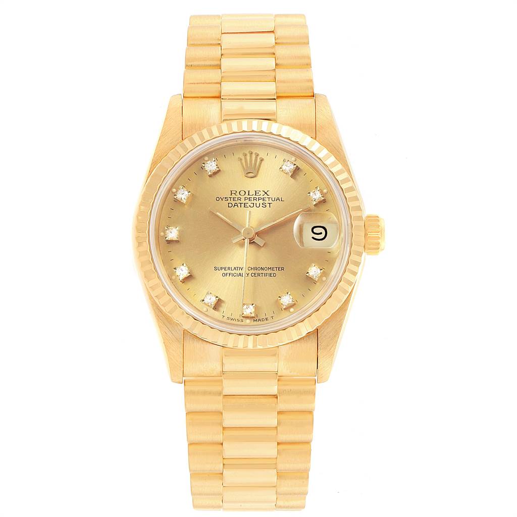 The image shows a front view of a Rolex President 68278 Women
s Yellow Gold Champagne Dial 68278 Women
s Yellow Gold Champagne Dial model watch, displaying the dial, bracelet, and date window.