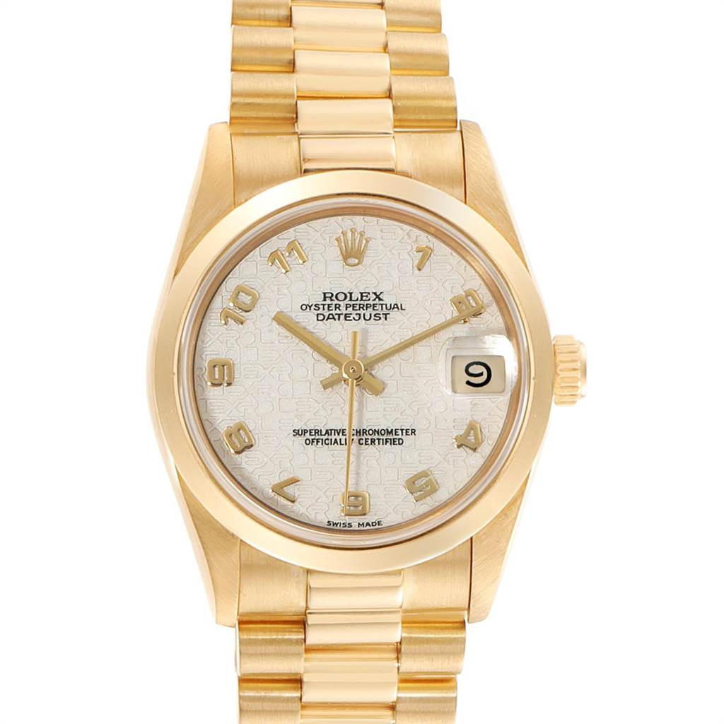 This image shows a front view of a Rolex President 68278 Women's Yellow Gold Beige Dial 68278 Women's Yellow Gold Beige Dial model watch, highlighting the face, dial, case, bracelet, and crown.