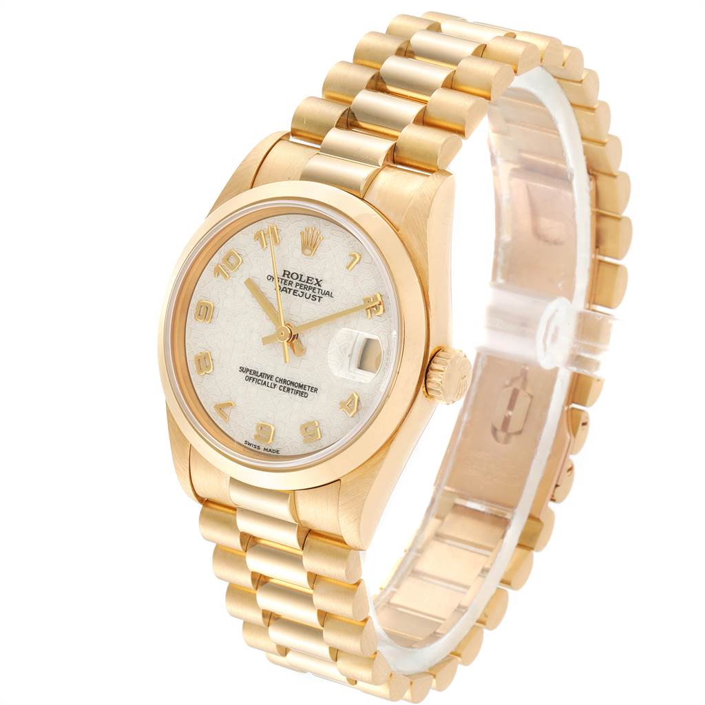 The image displays a Rolex President 68278 Women's Yellow Gold Beige Dial 68278 Women's Yellow Gold Beige Dial model watch at a three-quarter angle, showing the face, case, bezel, crown, and bracelet.