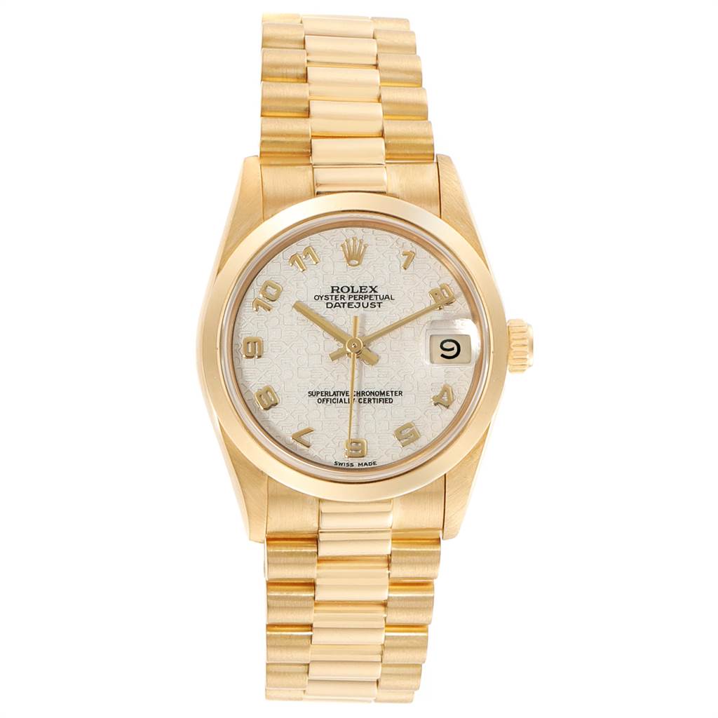The image shows a gold Rolex President 68278 Women's Yellow Gold Beige Dial 68278 Women's Yellow Gold Beige Dial model watch viewed from the front, displaying its dial, case, and bracelet.
