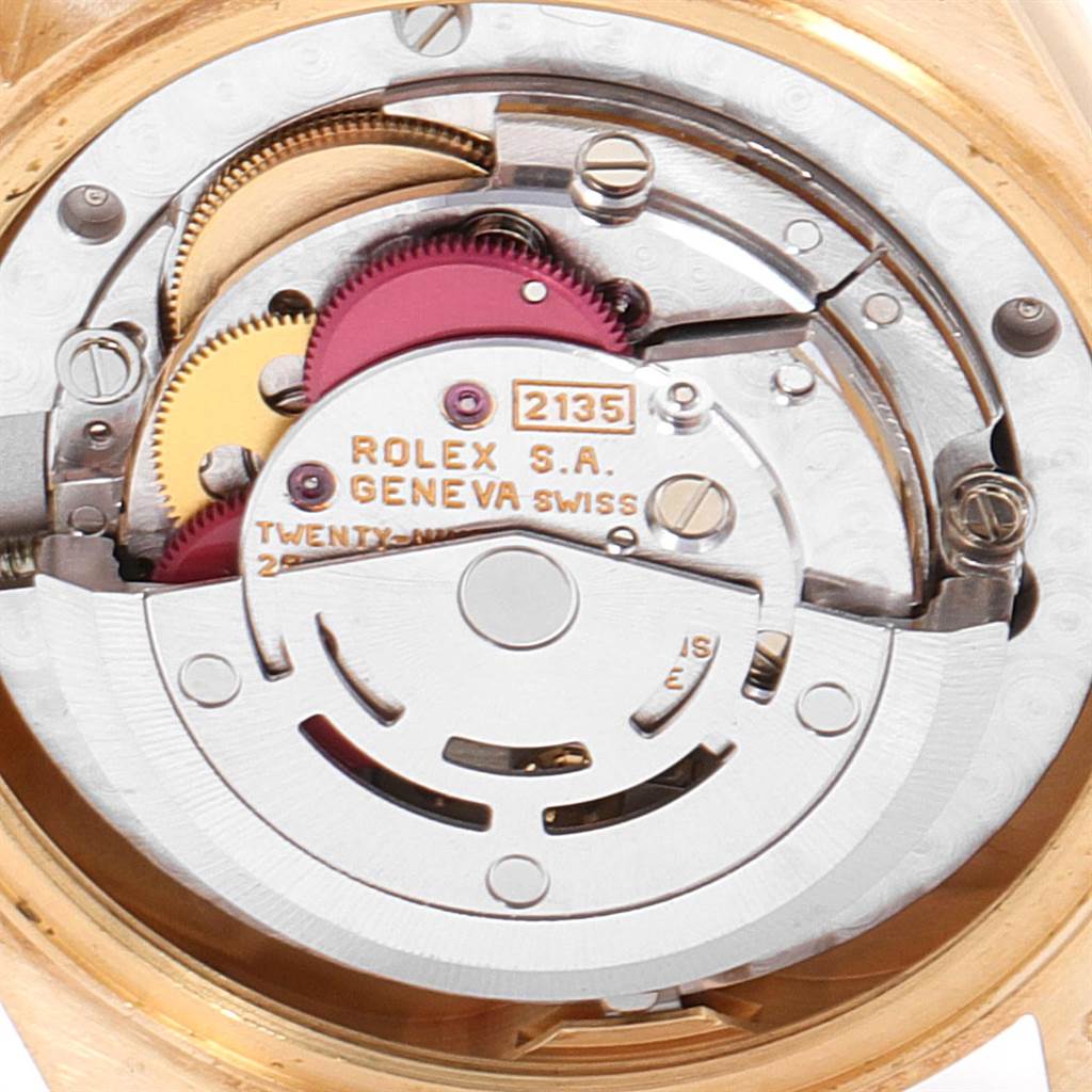 The image shows the internal mechanism and movement of the Rolex President 68278 Women's Yellow Gold Beige Dial 68278 Women's Yellow Gold Beige Dial model watch, taken from the back.