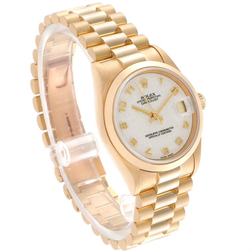 The Rolex President 68278 Women's Yellow Gold Beige Dial 68278 Women's Yellow Gold Beige Dial model is shown at a three-quarter angle, highlighting the gold bracelet and face with hour markers.