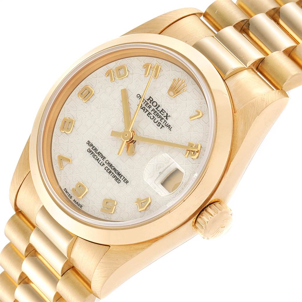 The image shows the Rolex President 68278 Women's Yellow Gold Beige Dial 68278 Women's Yellow Gold Beige Dial model watch from an angled close-up, highlighting the dial, bezel, crown, and part of the bracelet.