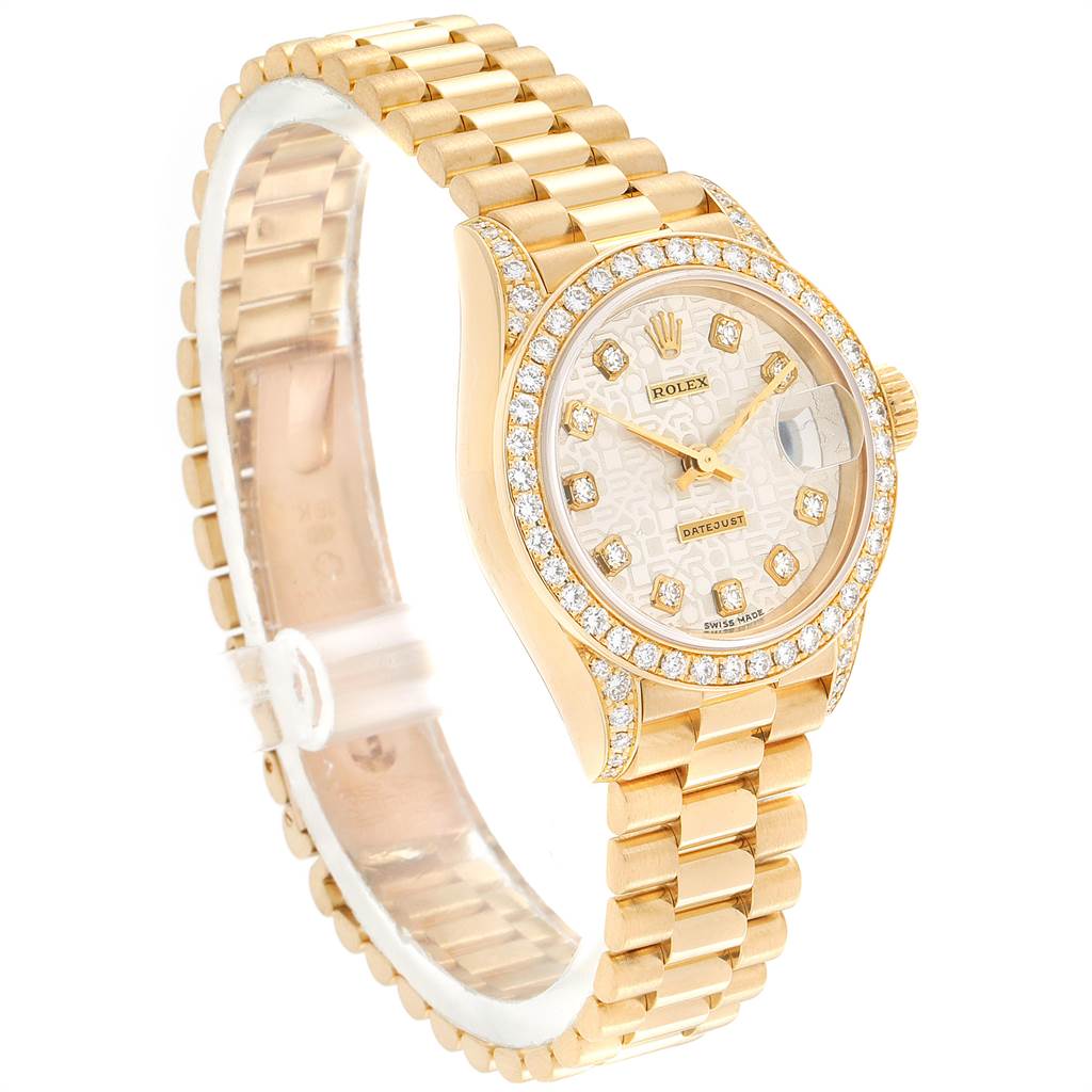The Rolex President 79158 Women's Yellow Gold Silver Dial 79158 Women's Yellow Gold Silver Dial model watch is shown from an angled front view, displaying the dial, bezels, case, and bracelet.