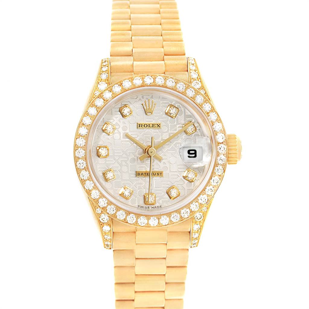 The image shows a Rolex President 79158 Women's Yellow Gold Silver Dial 79158 Women's Yellow Gold Silver Dial model watch from a front angle, highlighting the dial, bracelet, and diamond bezel.