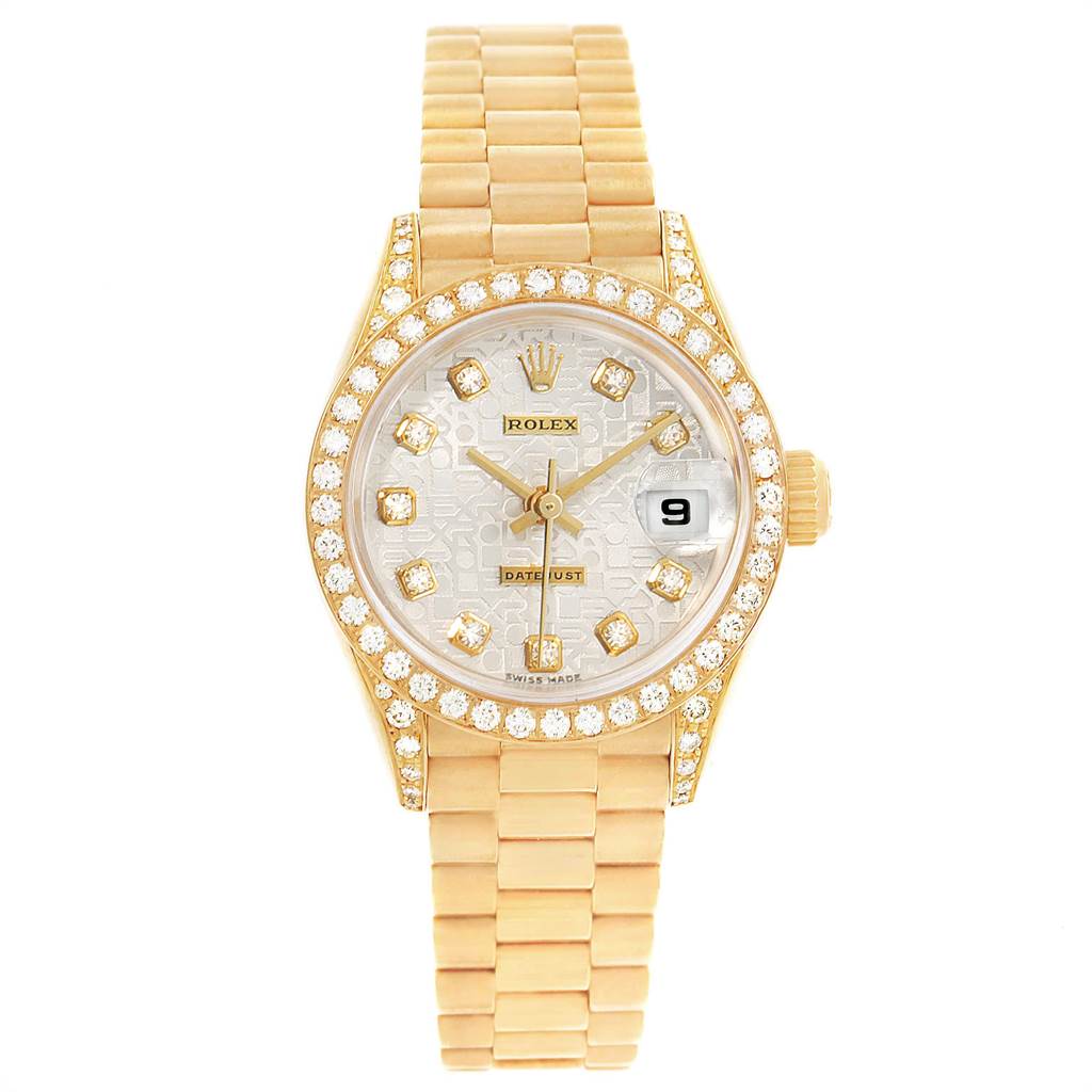 The image shows a Rolex President 79158 Women's Yellow Gold Silver Dial 79158 Women's Yellow Gold Silver Dial Datejust watch from a front angle, highlighting its face, bezel, and bracelet.