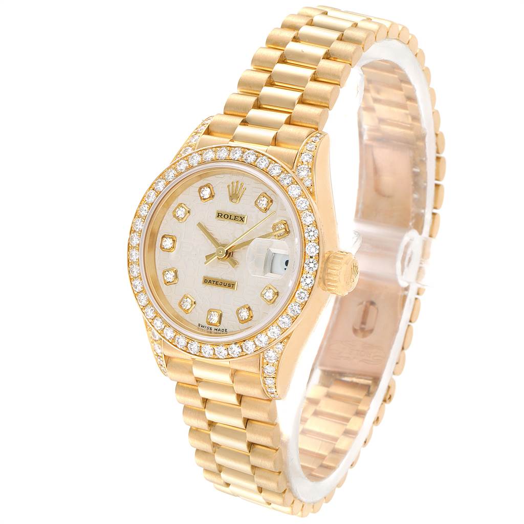 The Rolex President 79158 Women's Yellow Gold Silver Dial 79158 Women's Yellow Gold Silver Dial model watch is shown from an angled front view, displaying its gold band, bezel, and diamond-studded dial.