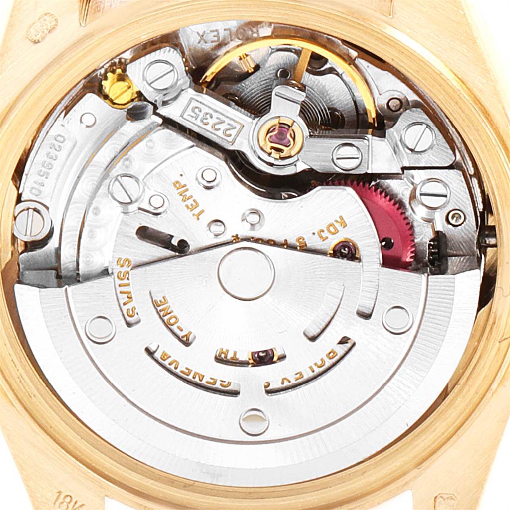 This image shows a close-up of the internal mechanism of a Rolex President 79158 Women's Yellow Gold Silver Dial 79158 Women's Yellow Gold Silver Dial model watch.