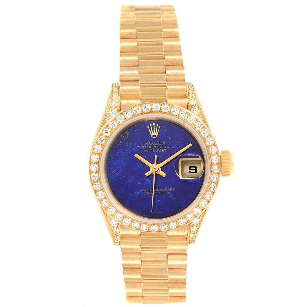 The image shows a full frontal view of the Rolex President 69158 Women's Yellow Gold Blue Dial 69158 Women's Yellow Gold Blue Dial model watch with a blue dial, diamond bezel, and gold bracelet.