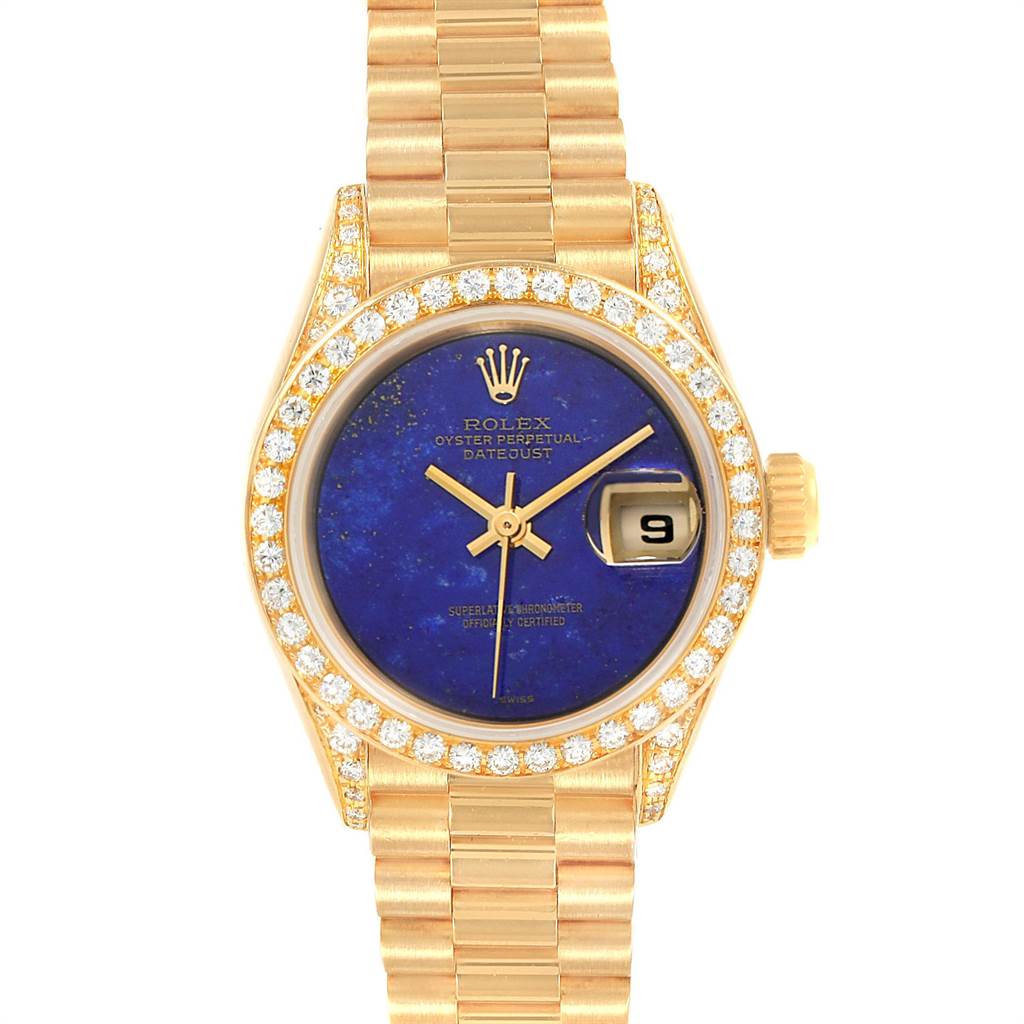 The image shows a frontal view of the Rolex President 69158 Women's Yellow Gold Blue Dial 69158 Women's Yellow Gold Blue Dial model watch, showcasing its dial, bezel, and part of the bracelet.