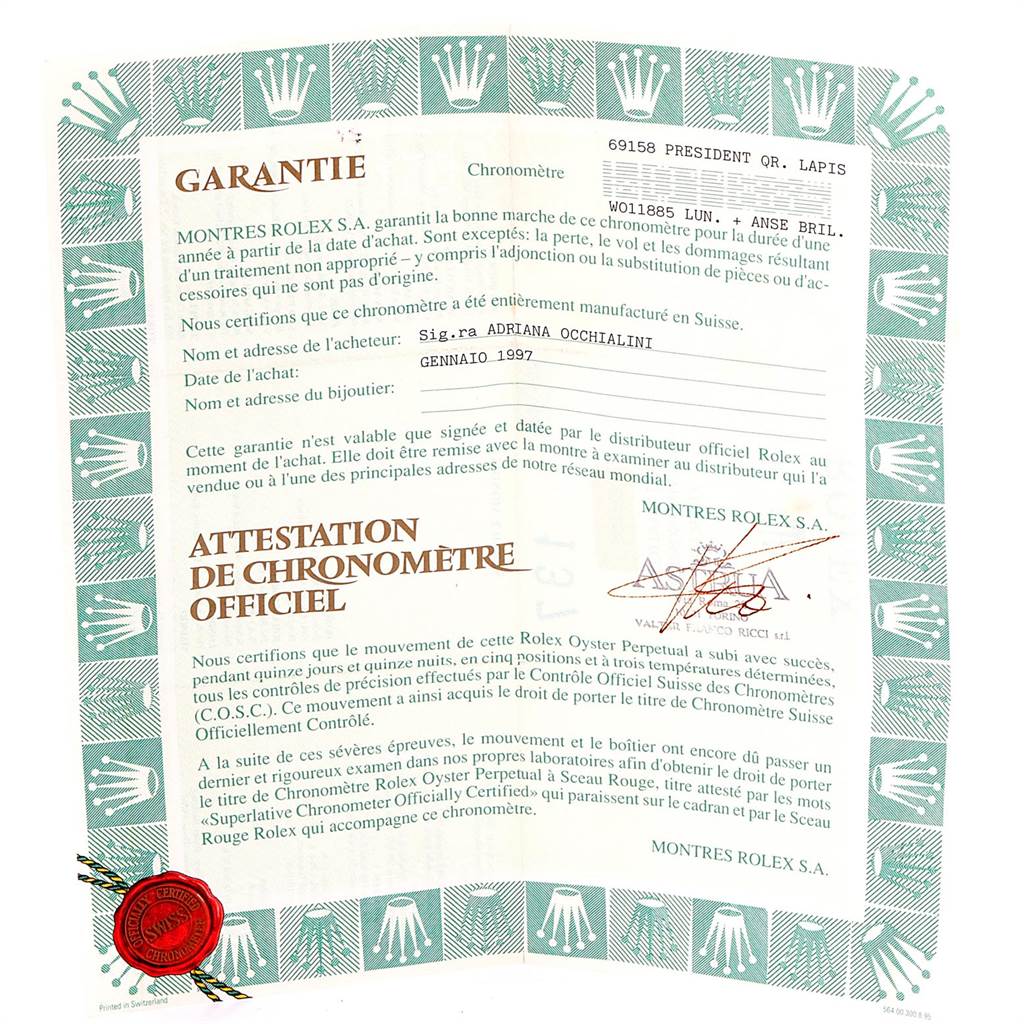 The image shows the warranty and official chronometer certificate for the Rolex President 69158 Women's Yellow Gold Blue Dial 69158 Women's Yellow Gold Blue Dial model watch.