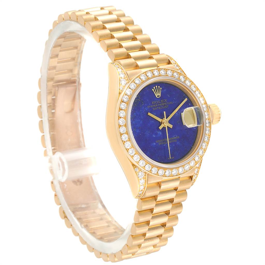 This image shows a Rolex President 69158 Women's Yellow Gold Blue Dial 69158 Women's Yellow Gold Blue Dial model watch at an angle highlighting the dial, case, bezel, and bracelet.